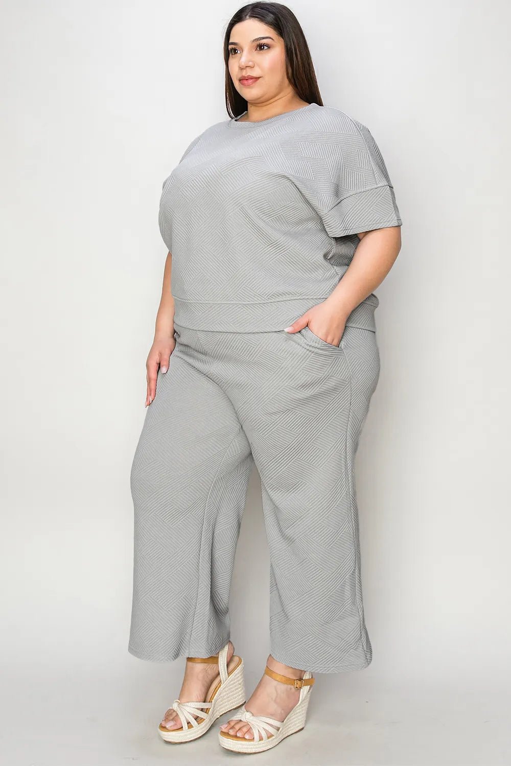 Double Take Full Size Texture Short Sleeve Top and Pants Set - Bela Fils BoutiqueBela Fils Boutique