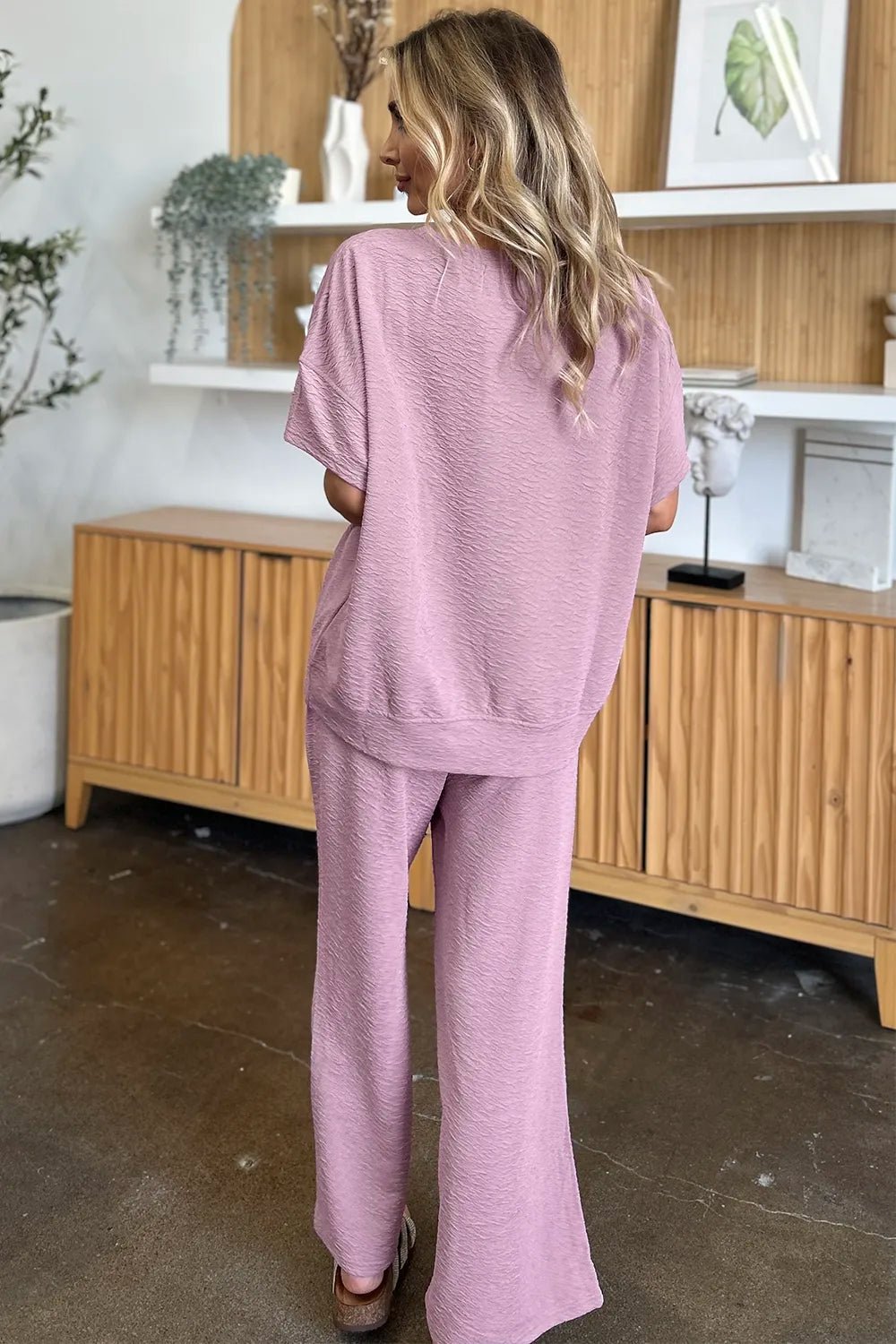 Double Take Full Size Texture Short Sleeve Top and Pants Set - Bela Fils BoutiqueBela Fils Boutique