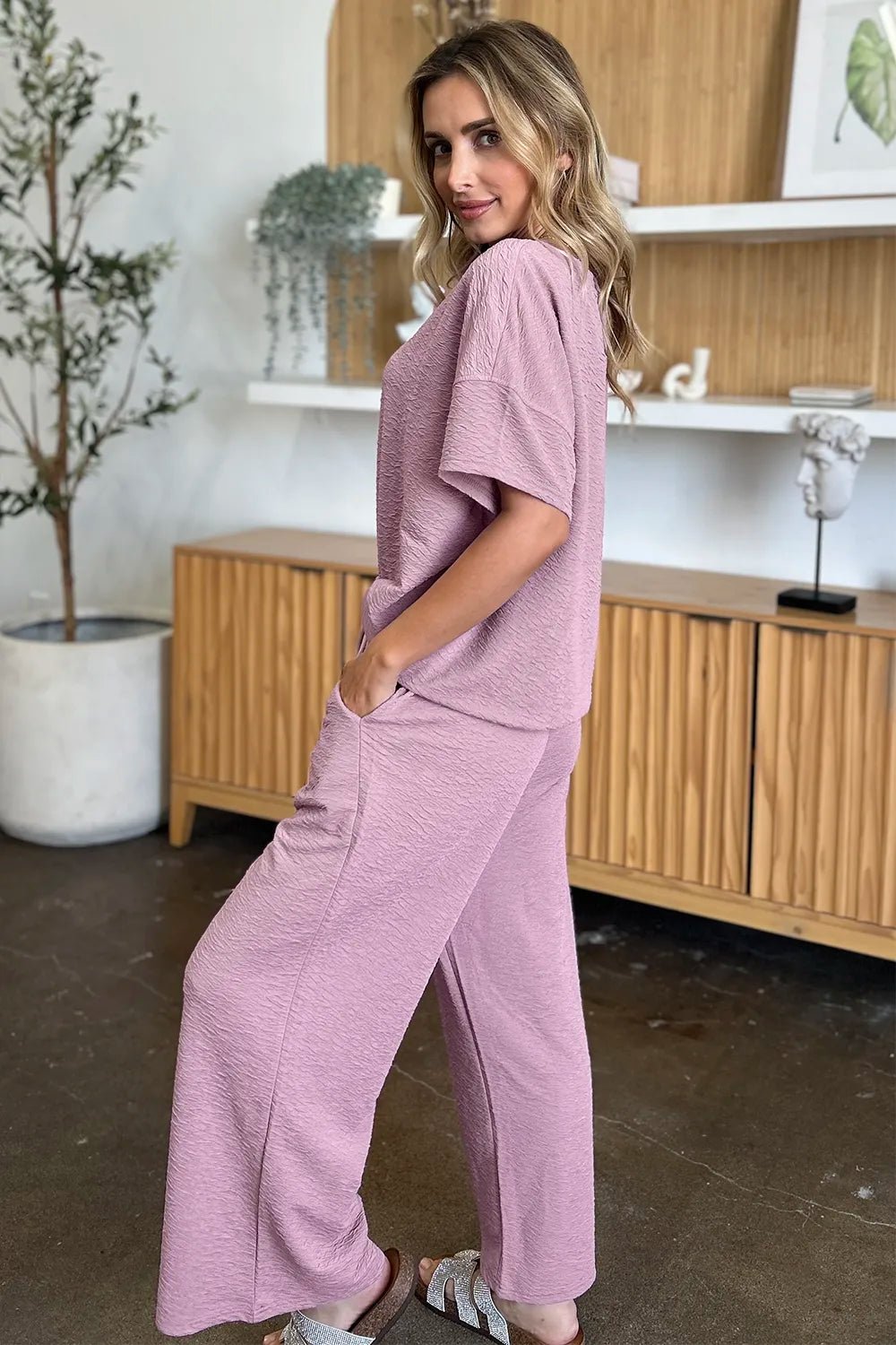 Double Take Full Size Texture Short Sleeve Top and Pants Set - Bela Fils BoutiqueBela Fils Boutique