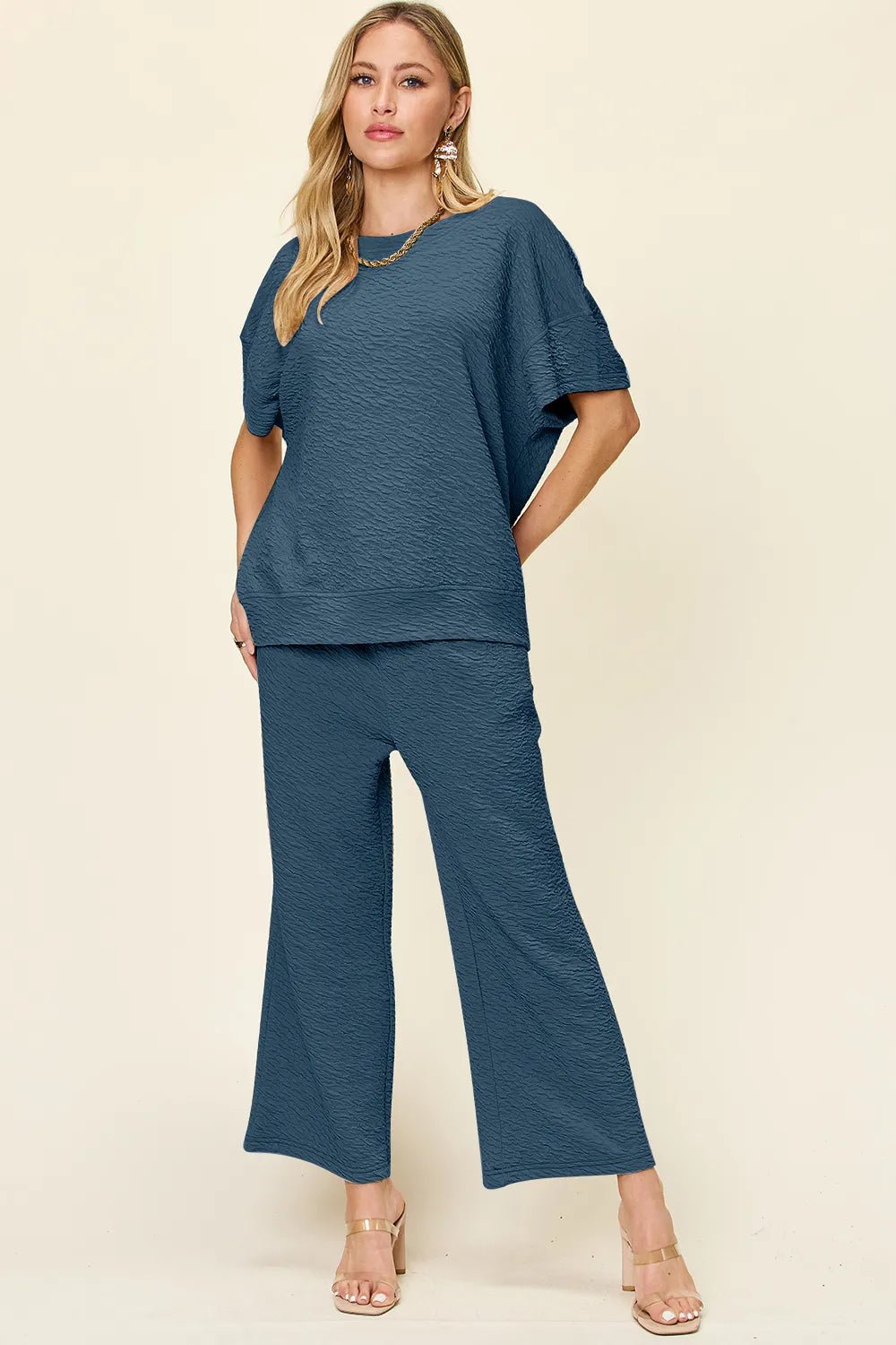 Double Take Full Size Texture Short Sleeve Top and Pants Set - Bela Fils BoutiqueBela Fils Boutique