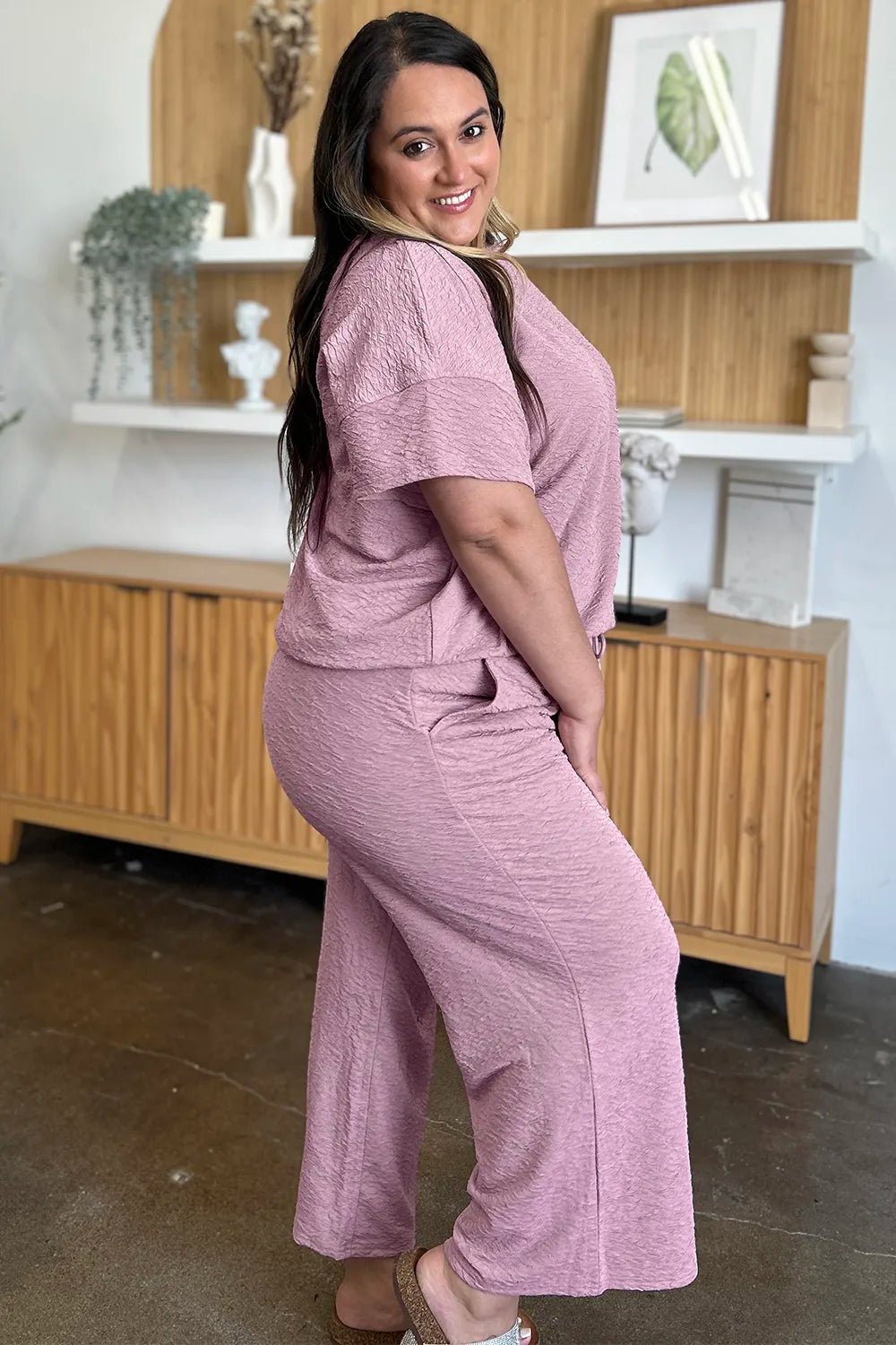 Double Take Full Size Texture Short Sleeve Top and Pants Set - Bela Fils BoutiqueBela Fils Boutique