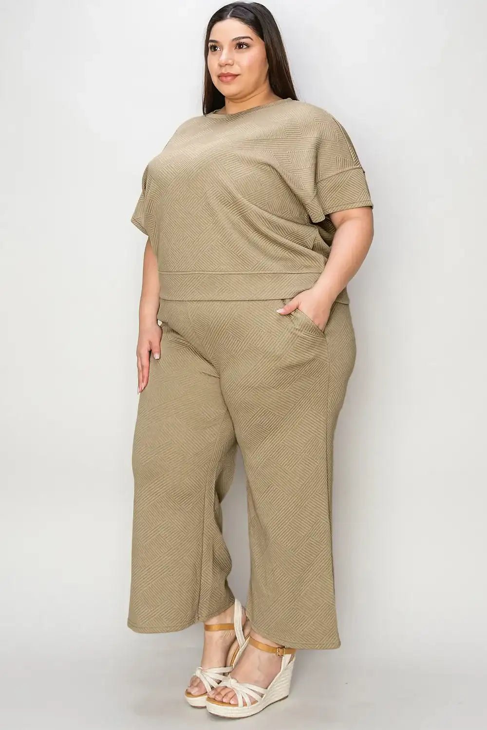 Double Take Full Size Texture Short Sleeve Top and Pants Set - Bela Fils BoutiqueBela Fils Boutique