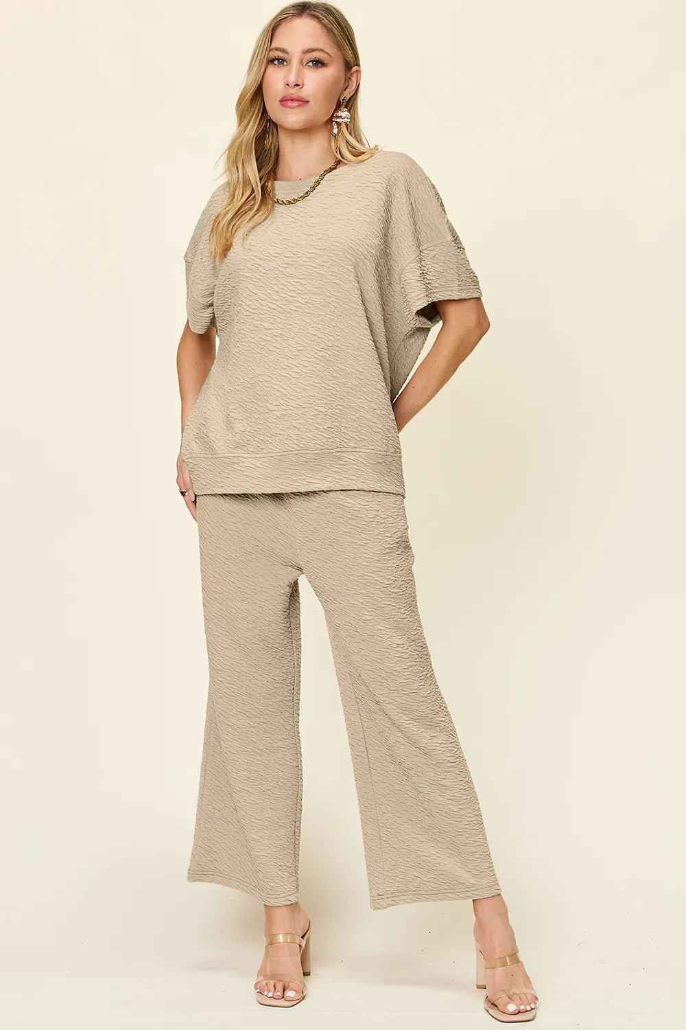 Double Take Full Size Texture Short Sleeve Top and Pants Set - Bela Fils BoutiqueBela Fils Boutique