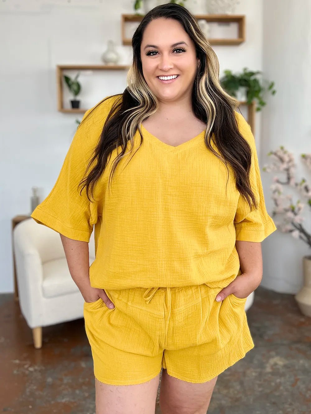 Double Take Texture Half Sleeve T-Shirt and Drawstring Shorts Set - Bela Fils BoutiqueBela Fils Boutique