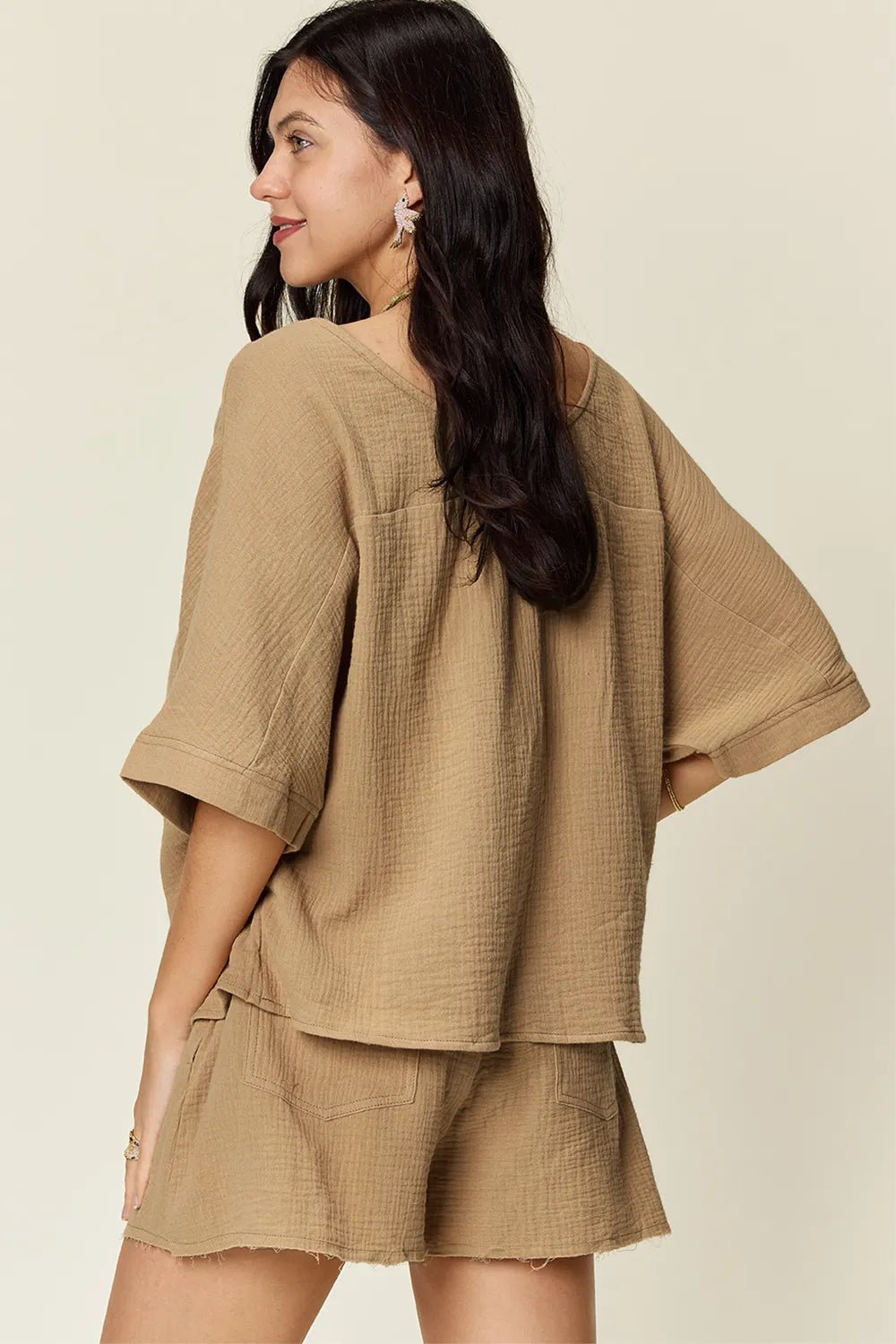 Double Take Texture Half Sleeve T-Shirt and Drawstring Shorts Set - Bela Fils BoutiqueBela Fils Boutique