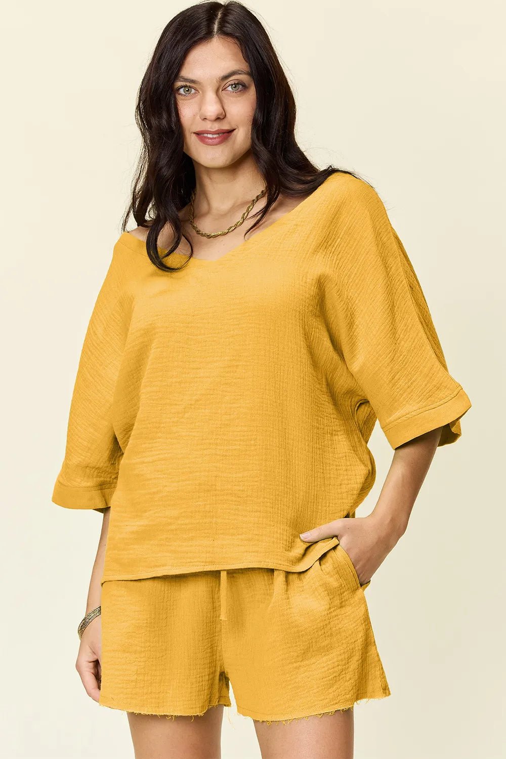 Double Take Texture Half Sleeve T-Shirt and Drawstring Shorts Set - Bela Fils BoutiqueBela Fils Boutique