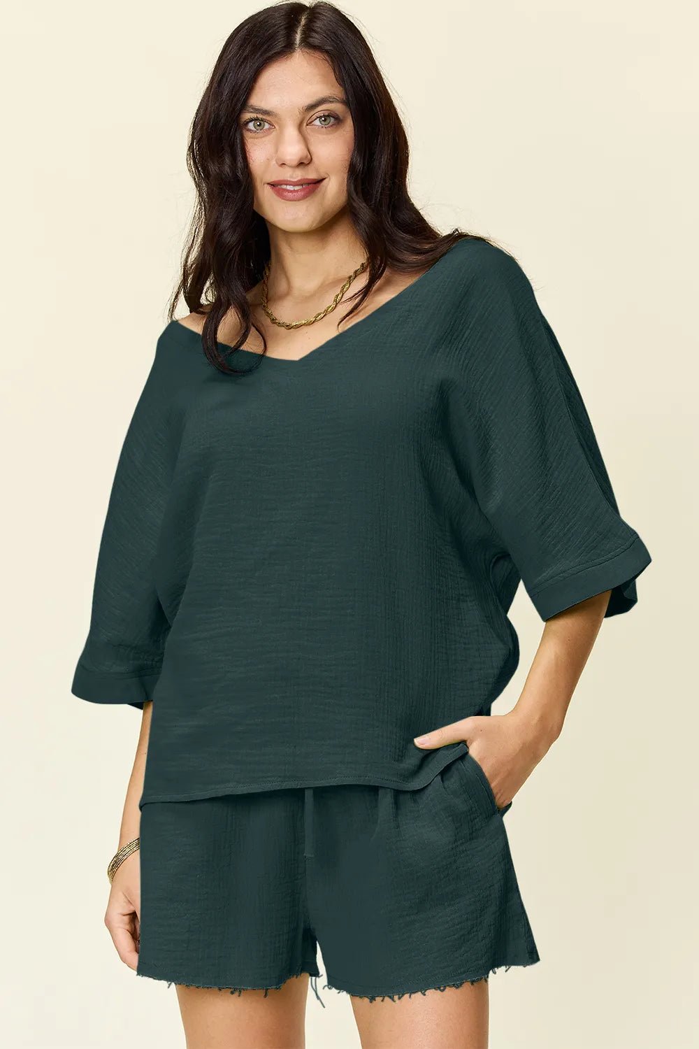 Double Take Texture Half Sleeve T-Shirt and Drawstring Shorts Set - Bela Fils BoutiqueBela Fils Boutique