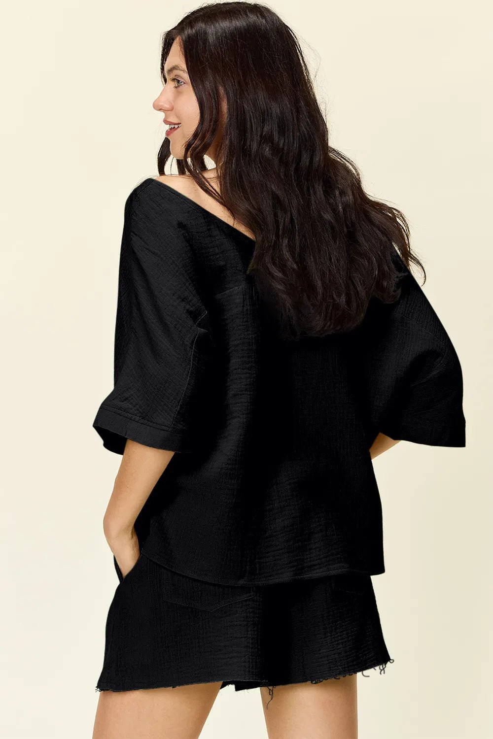 Double Take Texture Half Sleeve T-Shirt and Drawstring Shorts Set - Bela Fils BoutiqueBela Fils Boutique