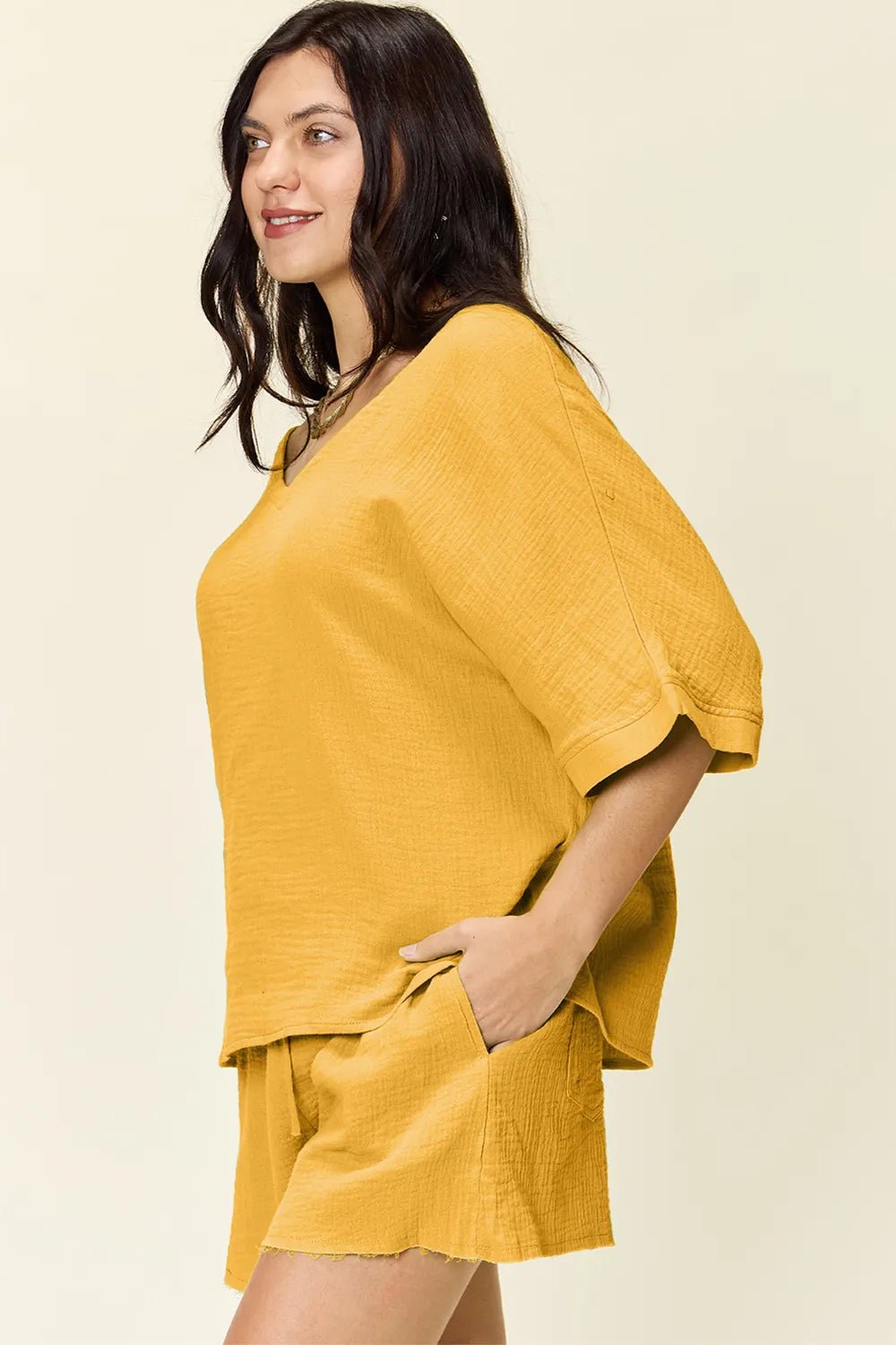 Double Take Texture Half Sleeve T-Shirt and Drawstring Shorts Set - Bela Fils BoutiqueBela Fils Boutique