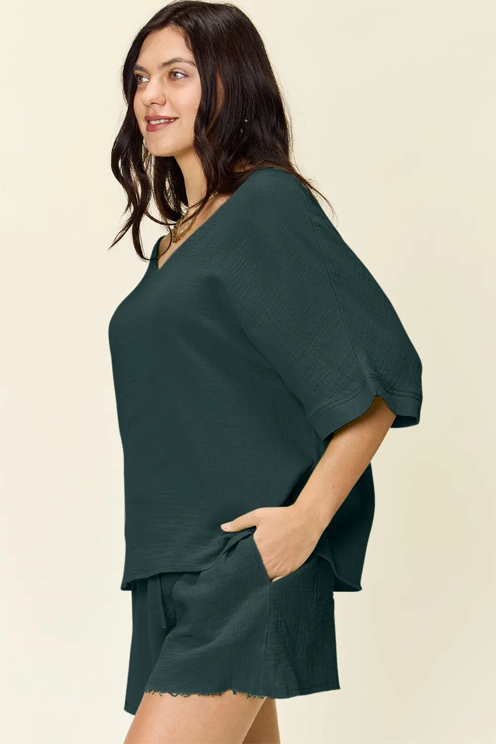 Double Take Texture Half Sleeve T-Shirt and Drawstring Shorts Set - Bela Fils BoutiqueBela Fils Boutique
