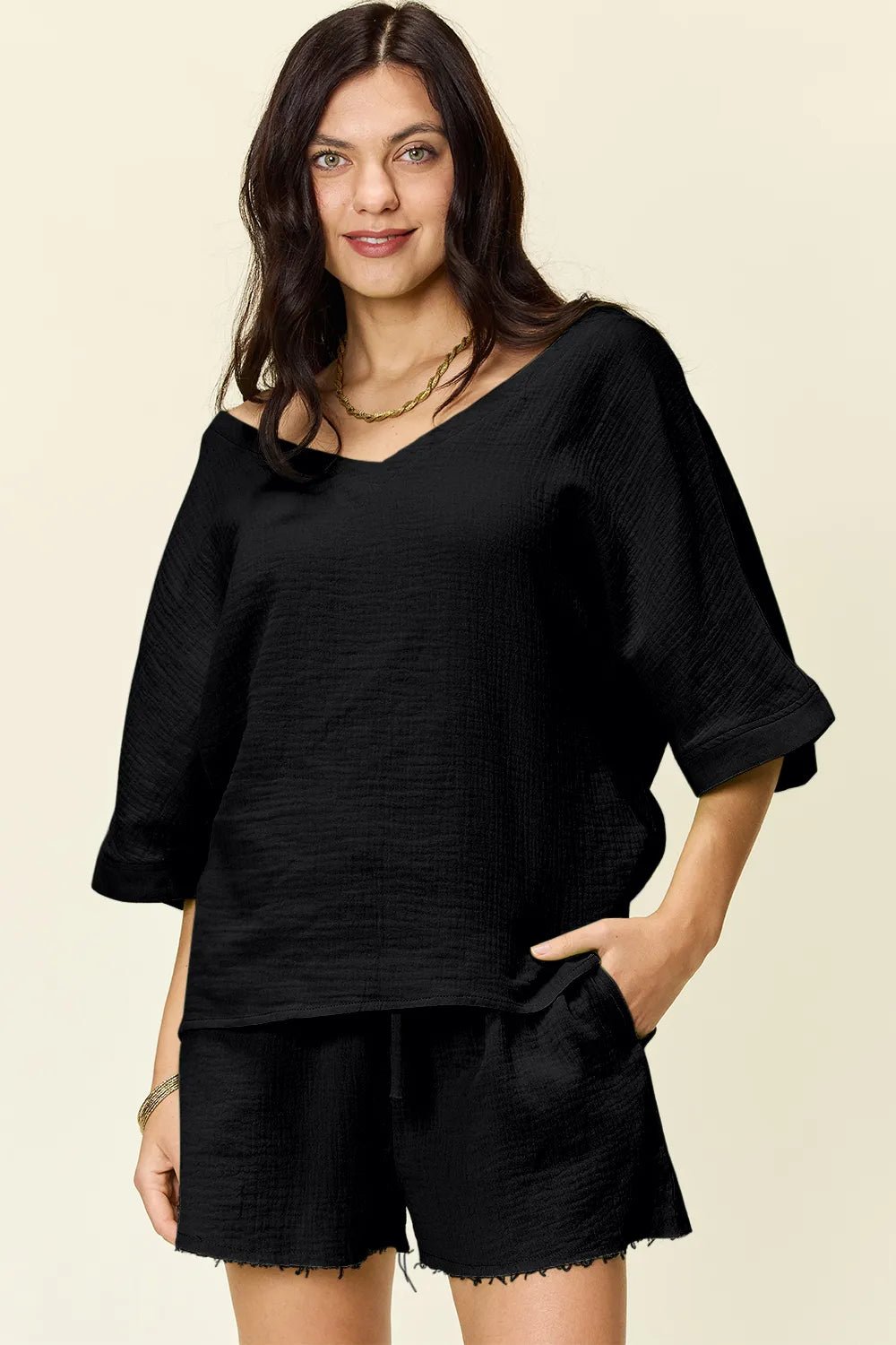 Double Take Texture Half Sleeve T-Shirt and Drawstring Shorts Set - Bela Fils BoutiqueBela Fils Boutique