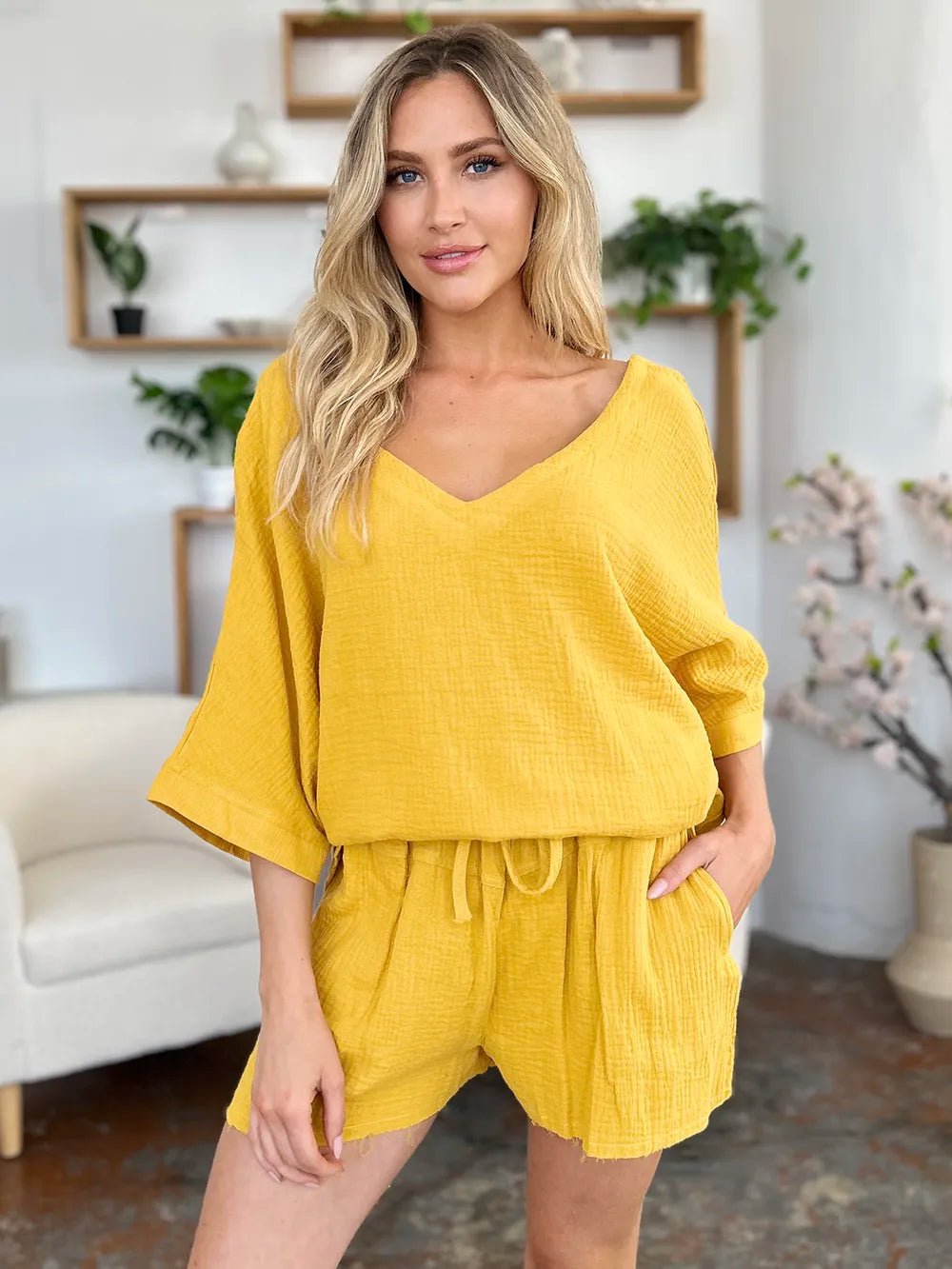 Double Take Texture Half Sleeve T-Shirt and Drawstring Shorts Set - Bela Fils BoutiqueBela Fils Boutique