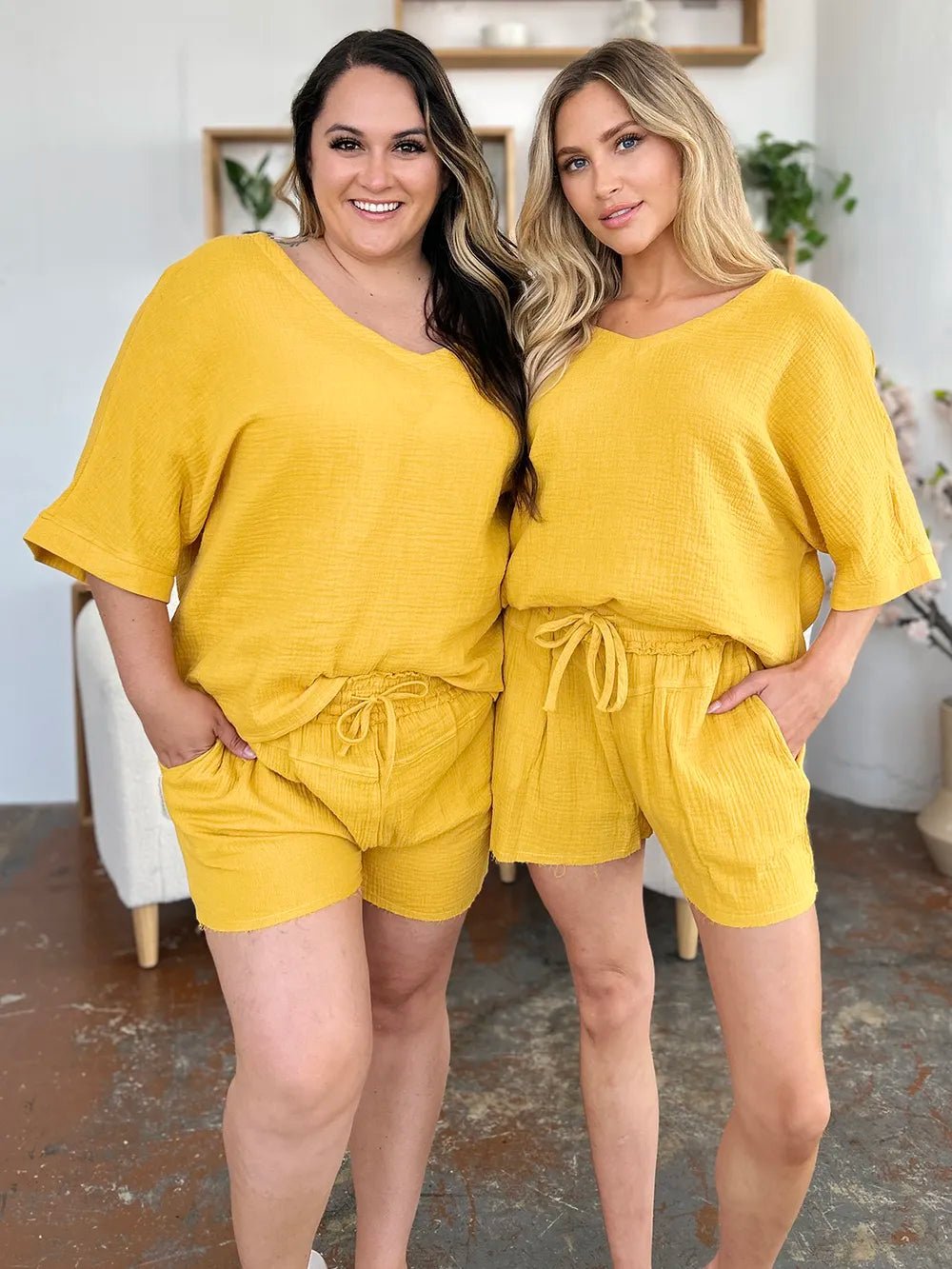 Double Take Texture Half Sleeve T-Shirt and Drawstring Shorts Set - Bela Fils BoutiqueBela Fils Boutique