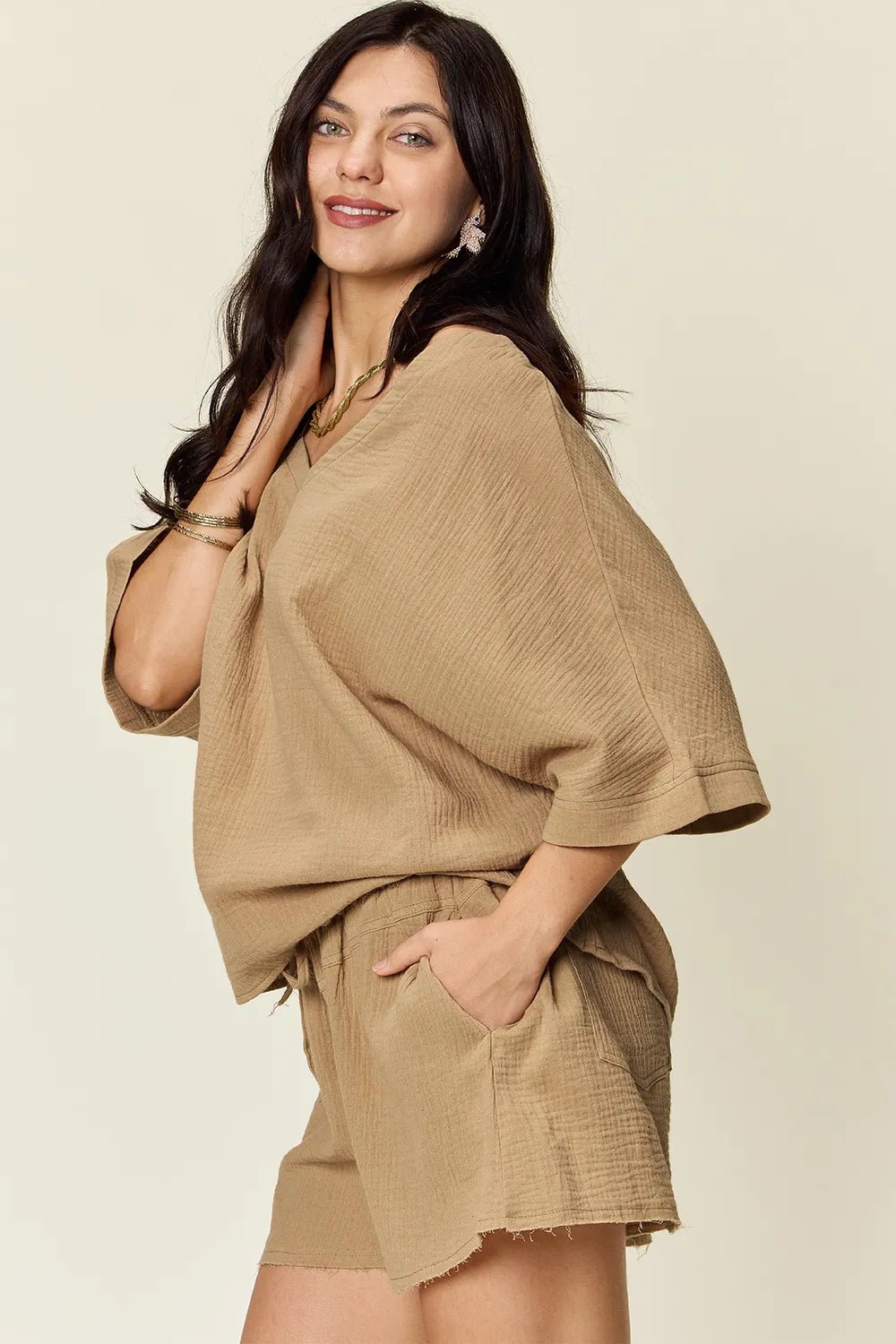 Double Take Texture Half Sleeve T-Shirt and Drawstring Shorts Set - Bela Fils BoutiqueBela Fils Boutique