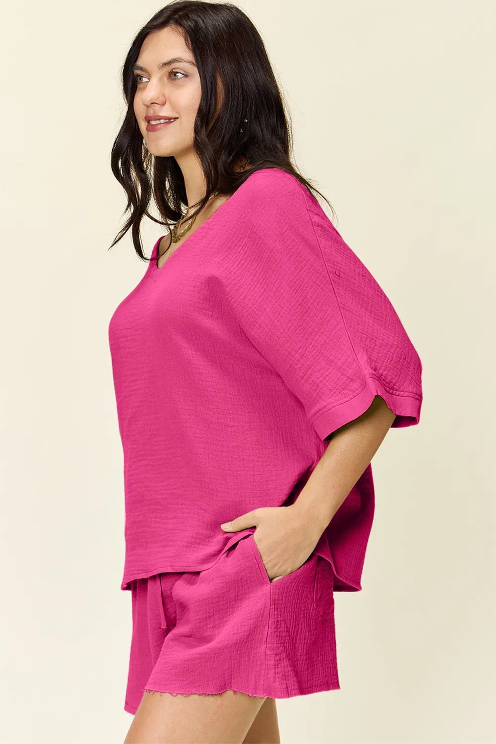 Double Take Texture Half Sleeve T-Shirt and Drawstring Shorts Set - Bela Fils BoutiqueBela Fils Boutique