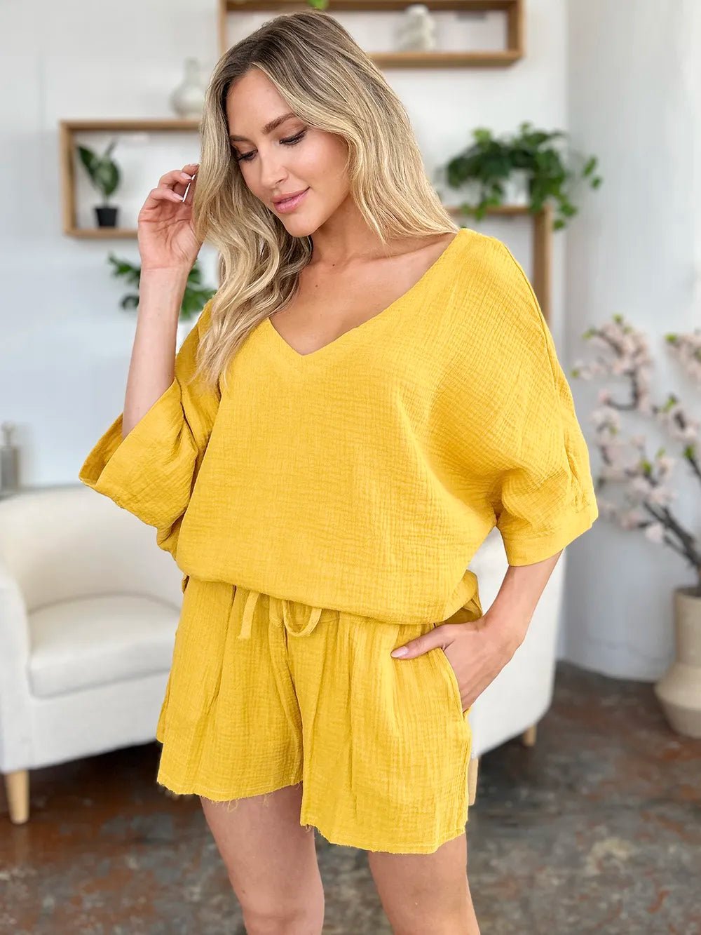 Double Take Texture Half Sleeve T-Shirt and Drawstring Shorts Set - Bela Fils BoutiqueBela Fils Boutique