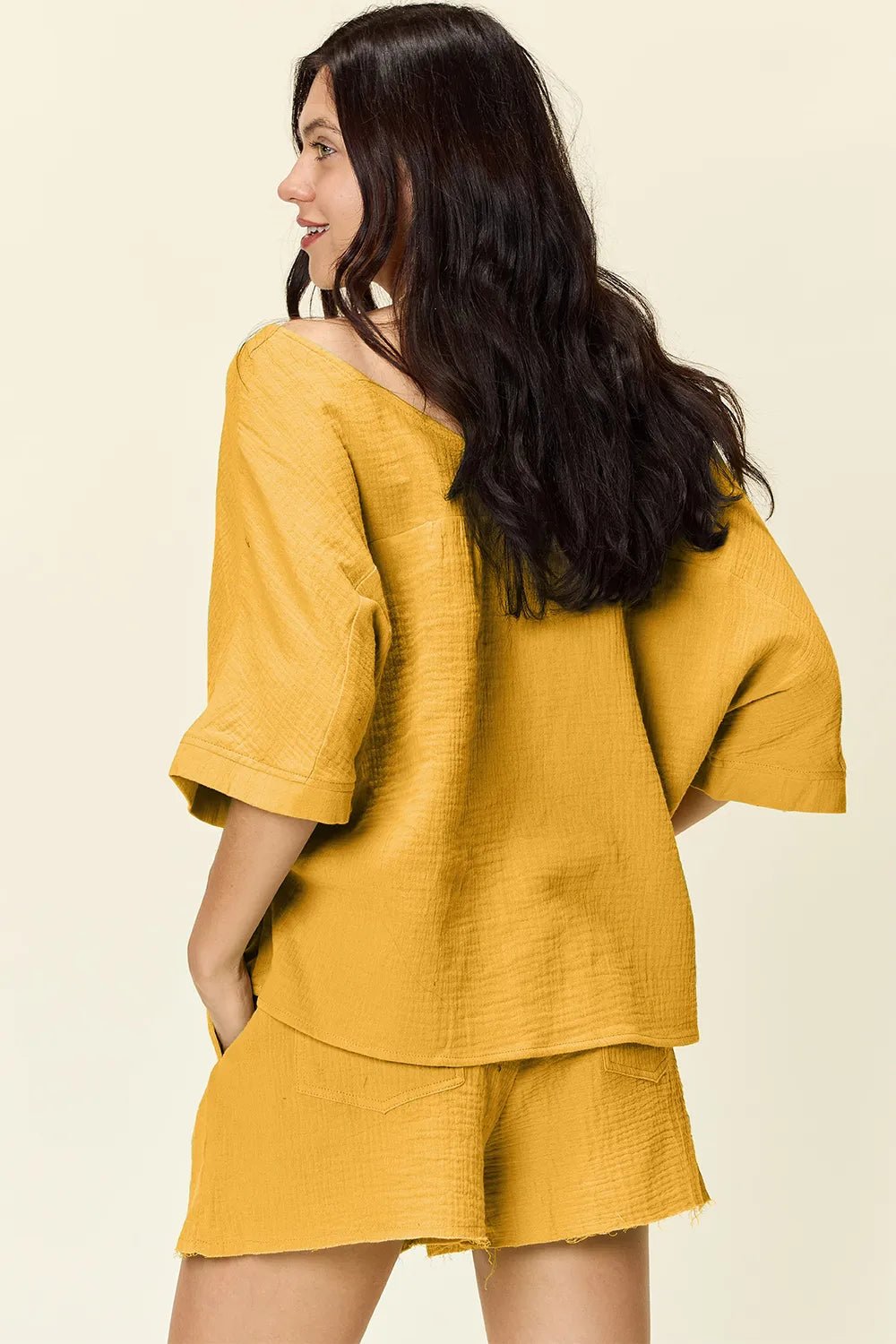 Double Take Texture Half Sleeve T-Shirt and Drawstring Shorts Set - Bela Fils BoutiqueBela Fils Boutique