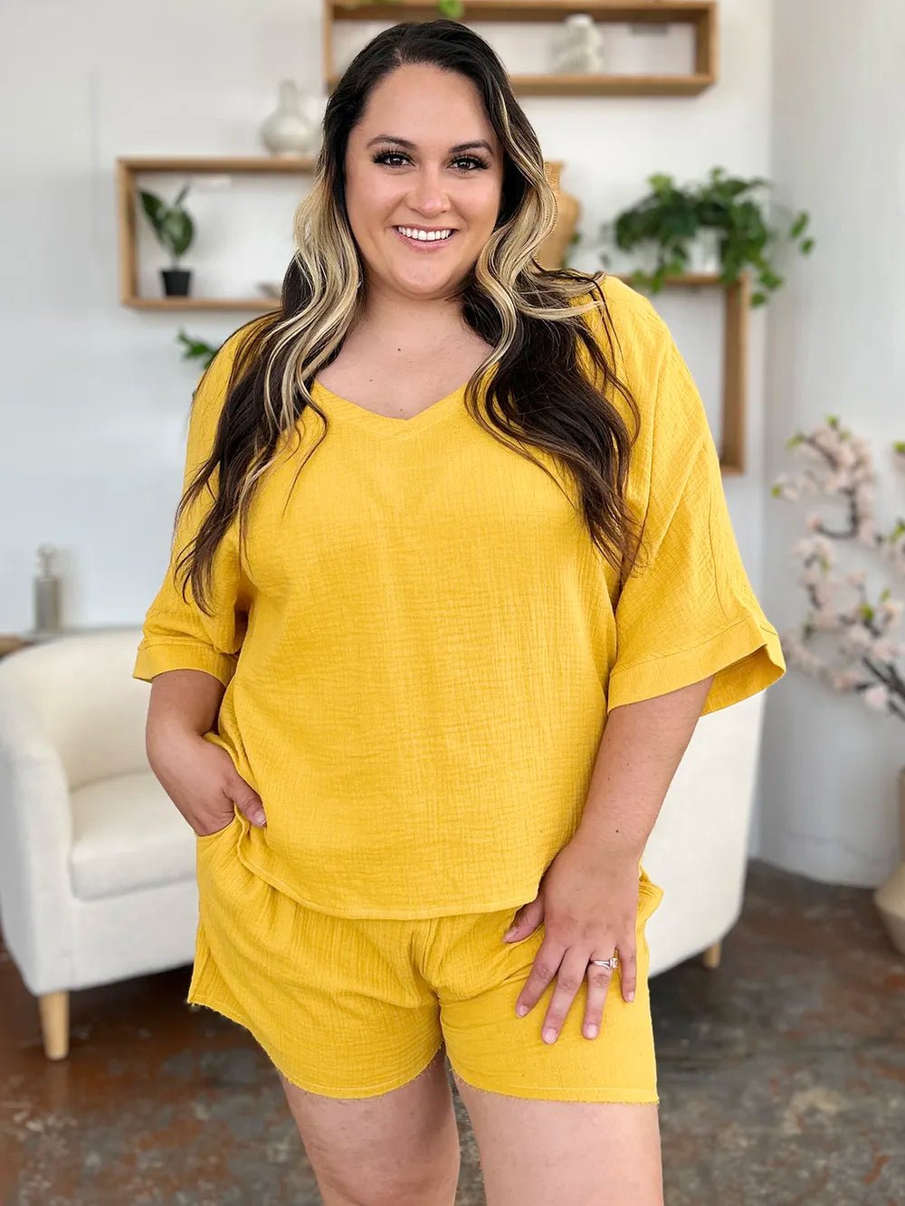 Double Take Texture Half Sleeve T-Shirt and Drawstring Shorts Set - Bela Fils BoutiqueBela Fils Boutique