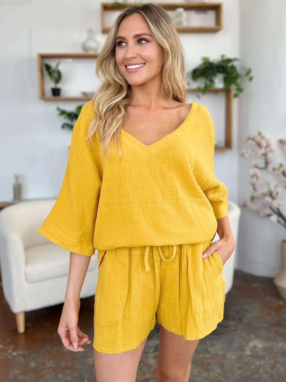 Double Take Texture Half Sleeve T-Shirt and Drawstring Shorts Set - Bela Fils BoutiqueBela Fils Boutique