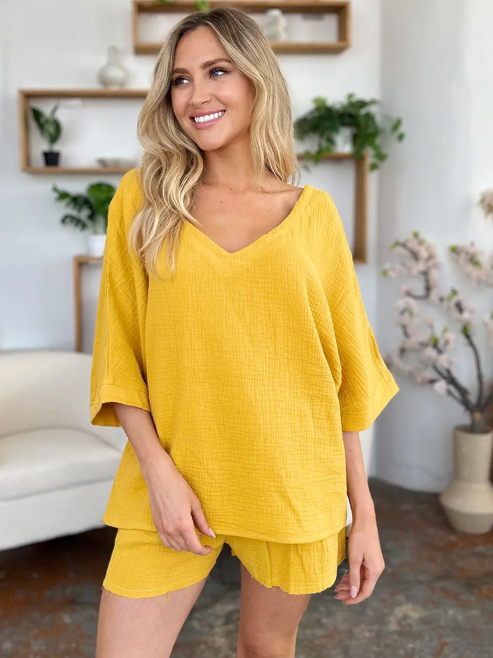 Double Take Texture Half Sleeve T-Shirt and Drawstring Shorts Set - Bela Fils BoutiqueBela Fils Boutique