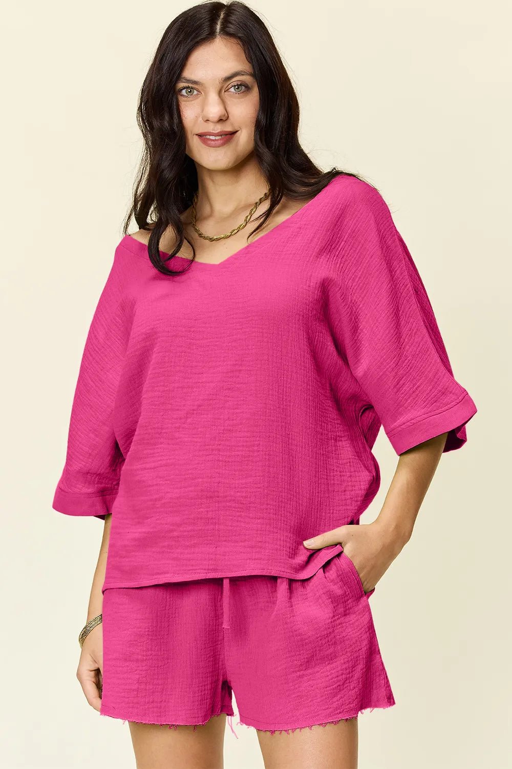 Double Take Texture Half Sleeve T-Shirt and Drawstring Shorts Set - Bela Fils BoutiqueBela Fils Boutique
