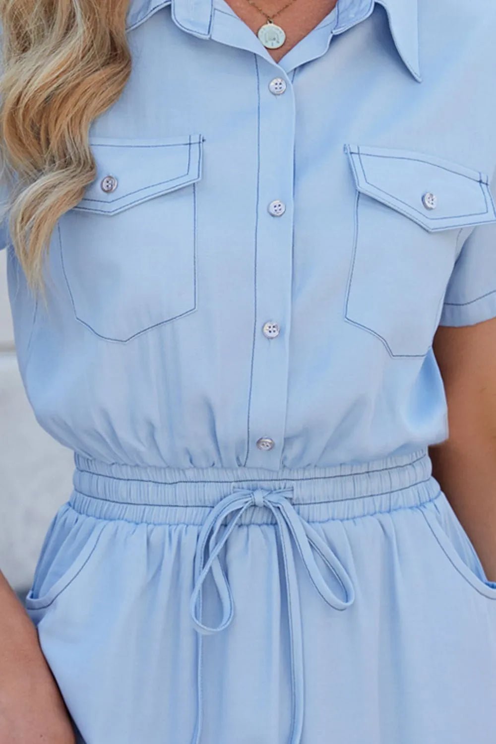Drawstring Collared Neck Short Sleeve Denim Dress - Bela Fils BoutiqueBela Fils Boutique