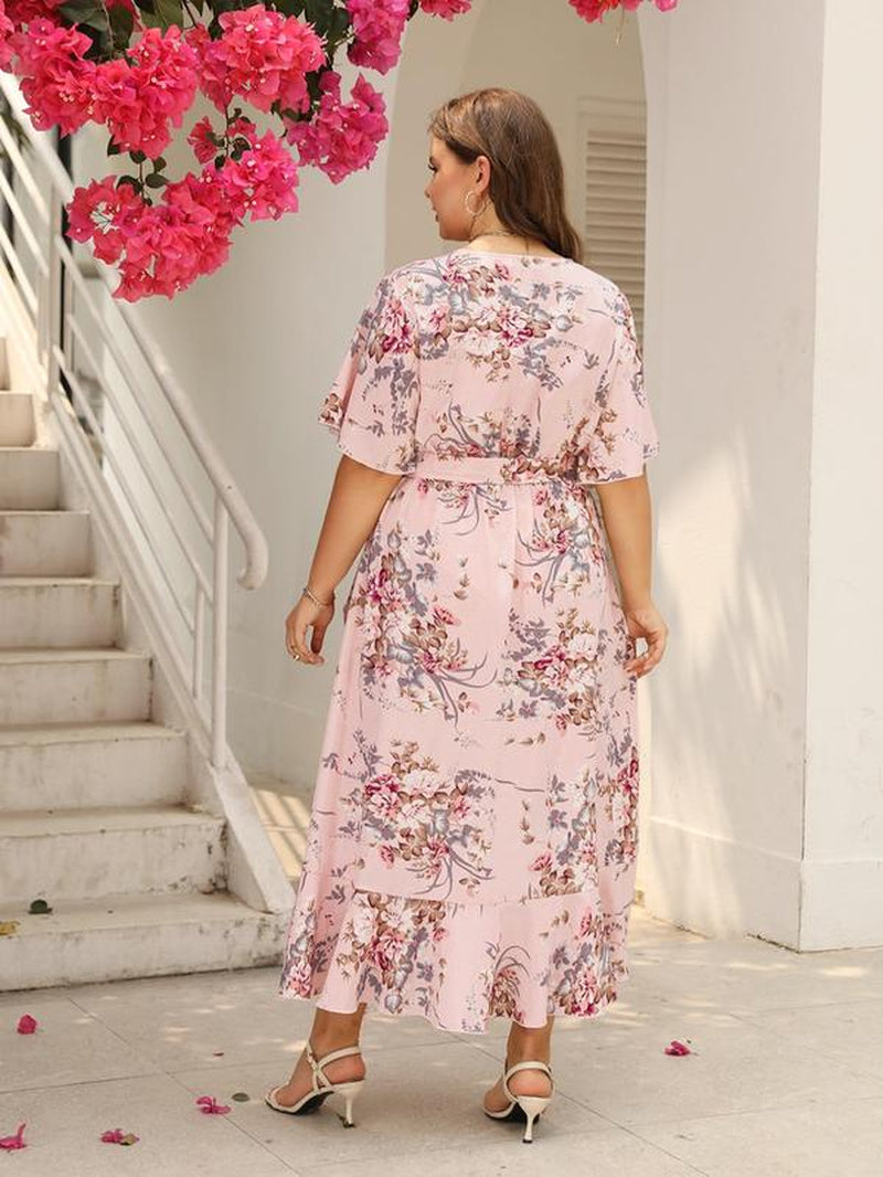 Plus Size Floral Print Ruffle Hem Belted Wrap a Line Dress, Boho Butterfly Sleeve V Neck High Low Midi Dress, Women Clothing for Spring & Fall
