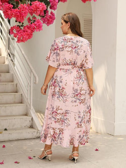 Plus Size Floral Print Ruffle Hem Belted Wrap a Line Dress, Boho Butterfly Sleeve V Neck High Low Midi Dress, Women Clothing for Spring & Fall