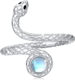 Snake Rings 925 Sterling Silver Opening Wrap Adjustable Size Rainbow Moonstone Ring Spoon Serpent Ring Gifts for Snake Lover Goth Cool Dainty Jewelry for Women Men Girlfriend