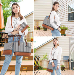 Womens Purses and Handbags Satchel Shoulder Bags Tote Crossbody Top Handle Purse Set 3Pcs Stripes Style,Brown