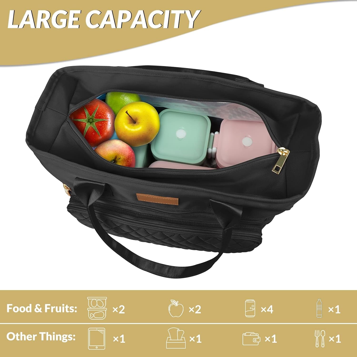 Large Insulated Lunch Bag for Work, Women'S Nylon Thermal Lunch Box, Leakproof Cooler Tote Bag with Storage Pocket (Black)