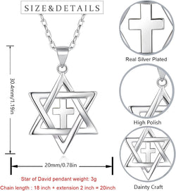 Jewish Messianic Necklace for Women and Men, Silver / 18K Gold Plated Small Star of David and Cross Pendant Jewelry, Chain Length 18" with Extension Chain 2"