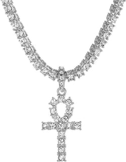 18K Gold Iced Out Cross Pendant 316L Stainless Steel Cuban Link Chain Necklace for Men(Silver Tennis Cross Chain 20Inch)