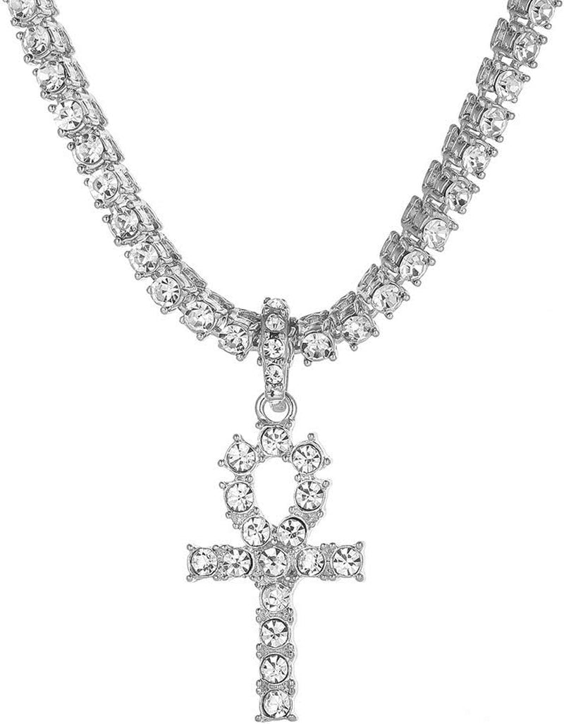 18K Gold Iced Out Cross Pendant 316L Stainless Steel Cuban Link Chain Necklace for Men(Silver Tennis Cross Chain 20Inch)