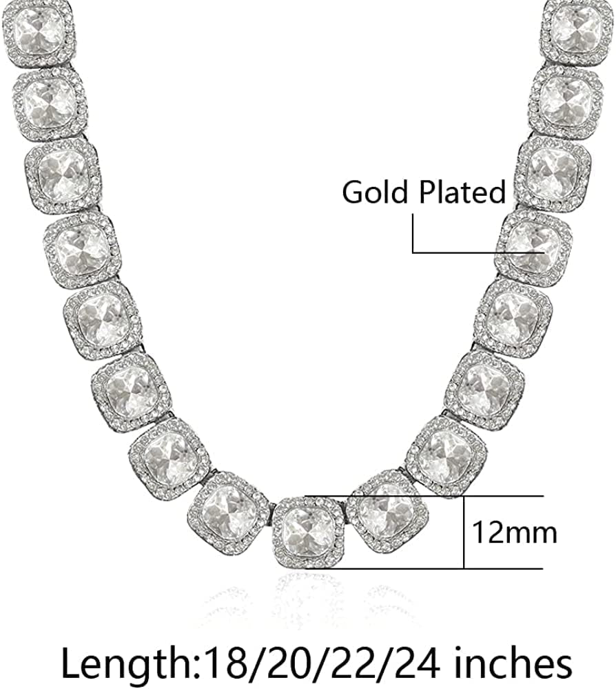 12Mm Iced Out Square Tennis Chain Baguette Chain Cubic Zircon 1 Row Clustered Diamond Tennis Necklace Bracelet Hip Hop Jewelry with Giftbox for Men Women