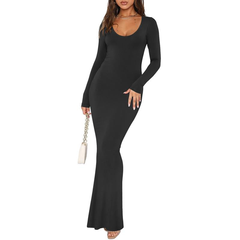 REORIA Tiktokshopbacktoschool Mother'S Day Gift Women'S Sexy Scoop Neck Long Sleeve Lounge Long Dress Summer Outdoorfun Ribbed Bodycon Maxi Dresses Fall Winter Layer Casual Fabric