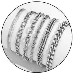 6 Pcs Silver Bracelets for Men Boys Women Stainless Steel Cuban Link Curb Rope Paperclip Figaro Herringbone Chain Bracelets Set Birthday Jewelry Gifts Ideas Teen Kids Age 6.5/7/7.5/8.3/9 Inches
