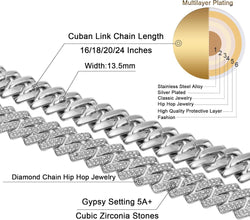 Cuban Link Chain for Men Women Iced Out Silver/Gold/Rose Gold Miami Cuban Necklace Bling Diamond Chain Hip Hop Jewelry with Gift Box