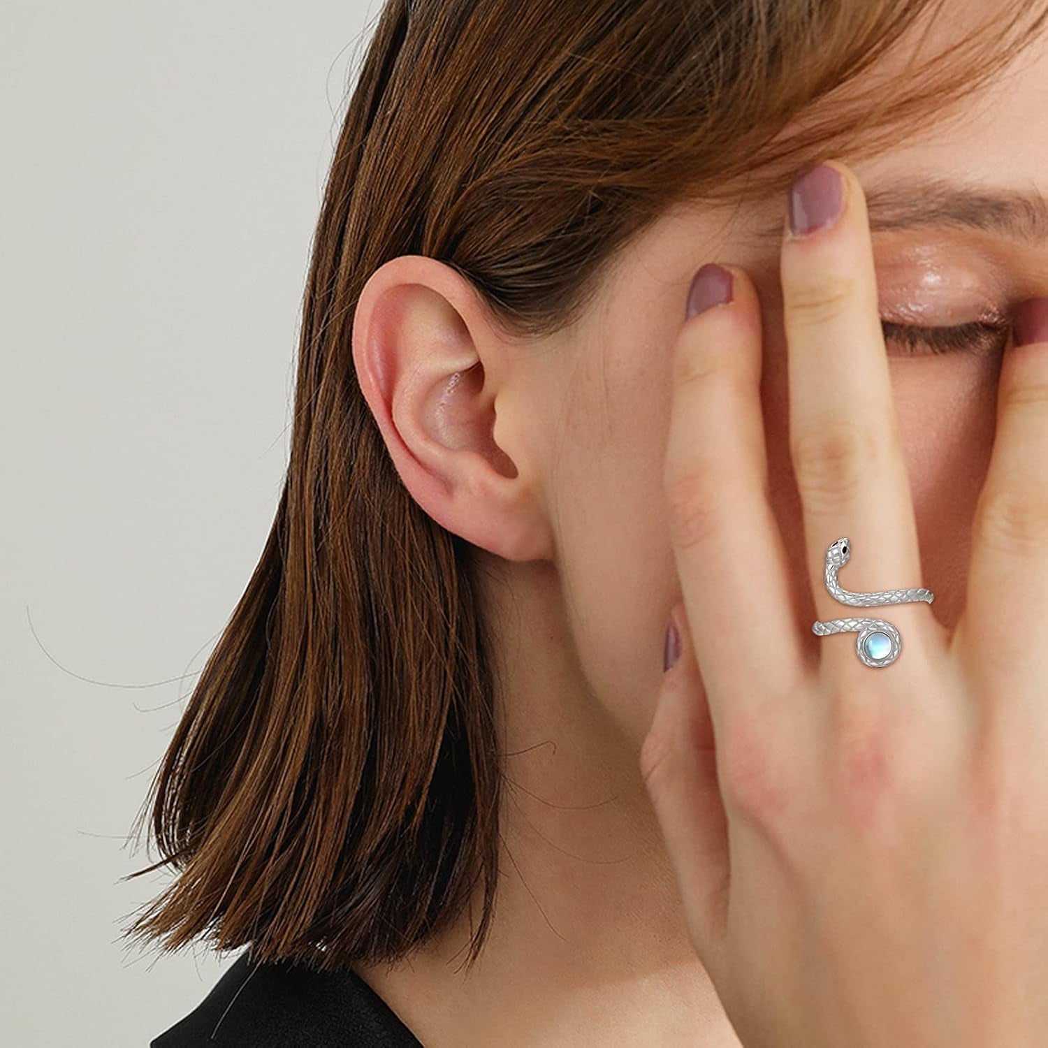 Snake Rings 925 Sterling Silver Opening Wrap Adjustable Size Rainbow Moonstone Ring Spoon Serpent Ring Gifts for Snake Lover Goth Cool Dainty Jewelry for Women Men Girlfriend