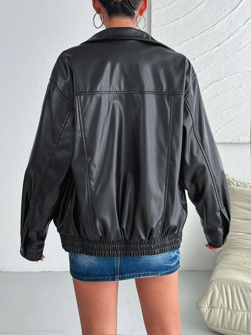 Chic Women's Faux Leather Jacket with Pockets - Stylish Long Sleeve Collared Outerwear for Fall & Winter