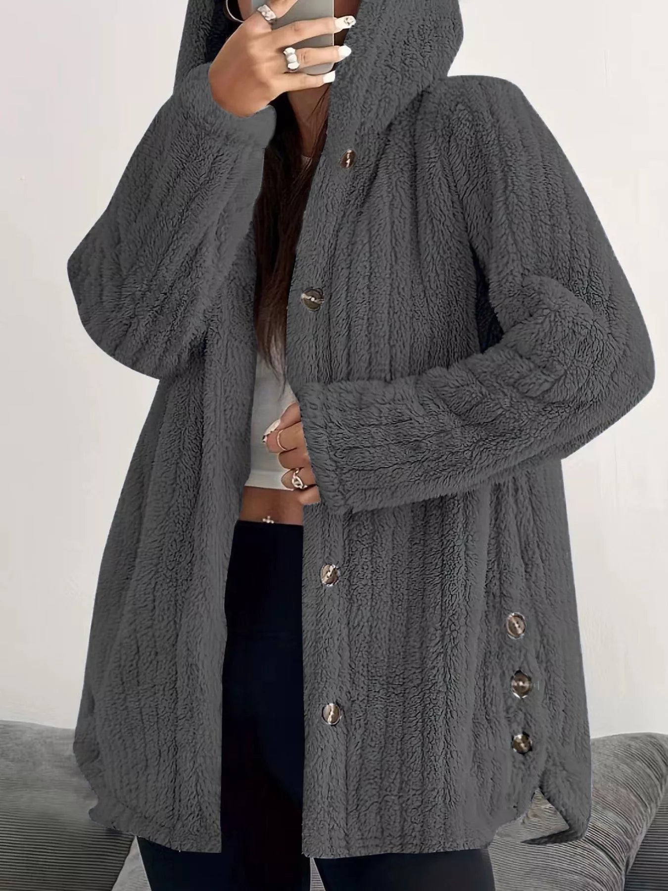 Full Size Fleece Button Up Hooded Outerwear Plus Size - Bela Fils BoutiqueBela Fils Boutique