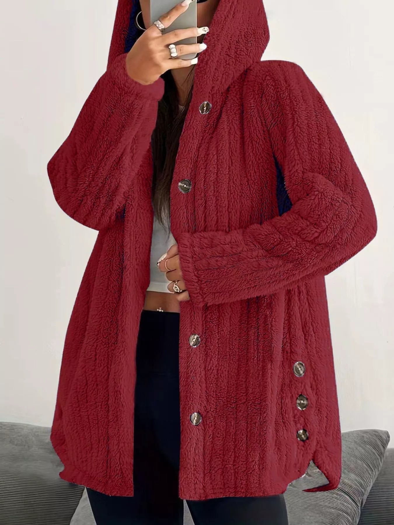 Full Size Fleece Button Up Hooded Outerwear Plus Size - Bela Fils BoutiqueBela Fils Boutique