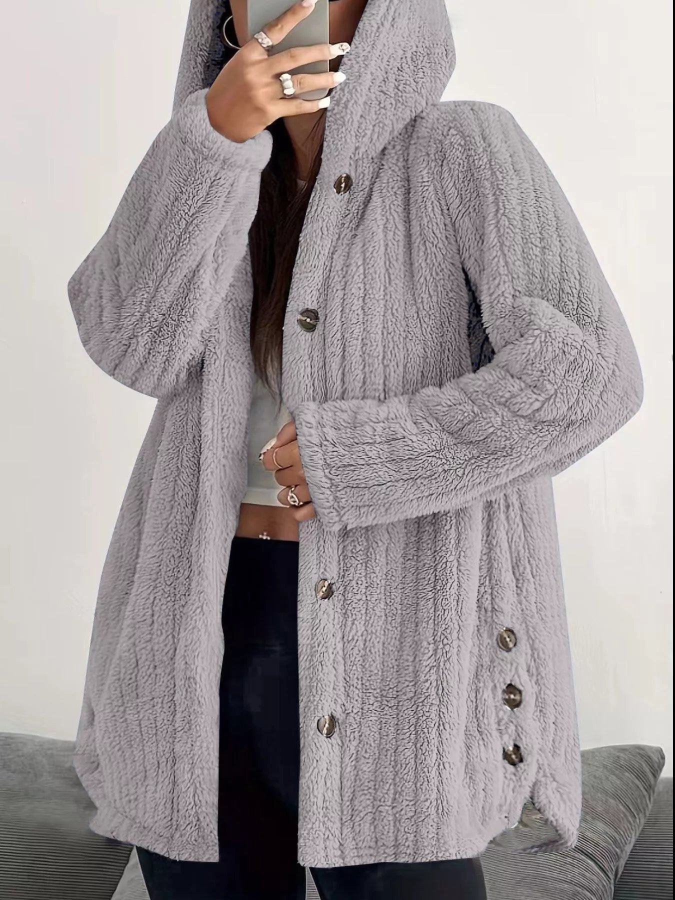 Full Size Fleece Button Up Hooded Outerwear Plus Size - Bela Fils BoutiqueBela Fils Boutique
