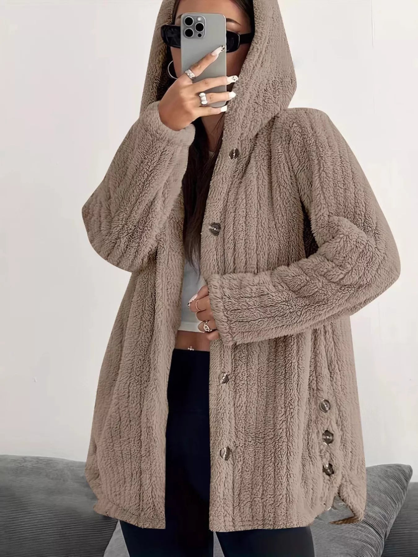 Full Size Fleece Button Up Hooded Outerwear Plus Size - Bela Fils BoutiqueBela Fils Boutique