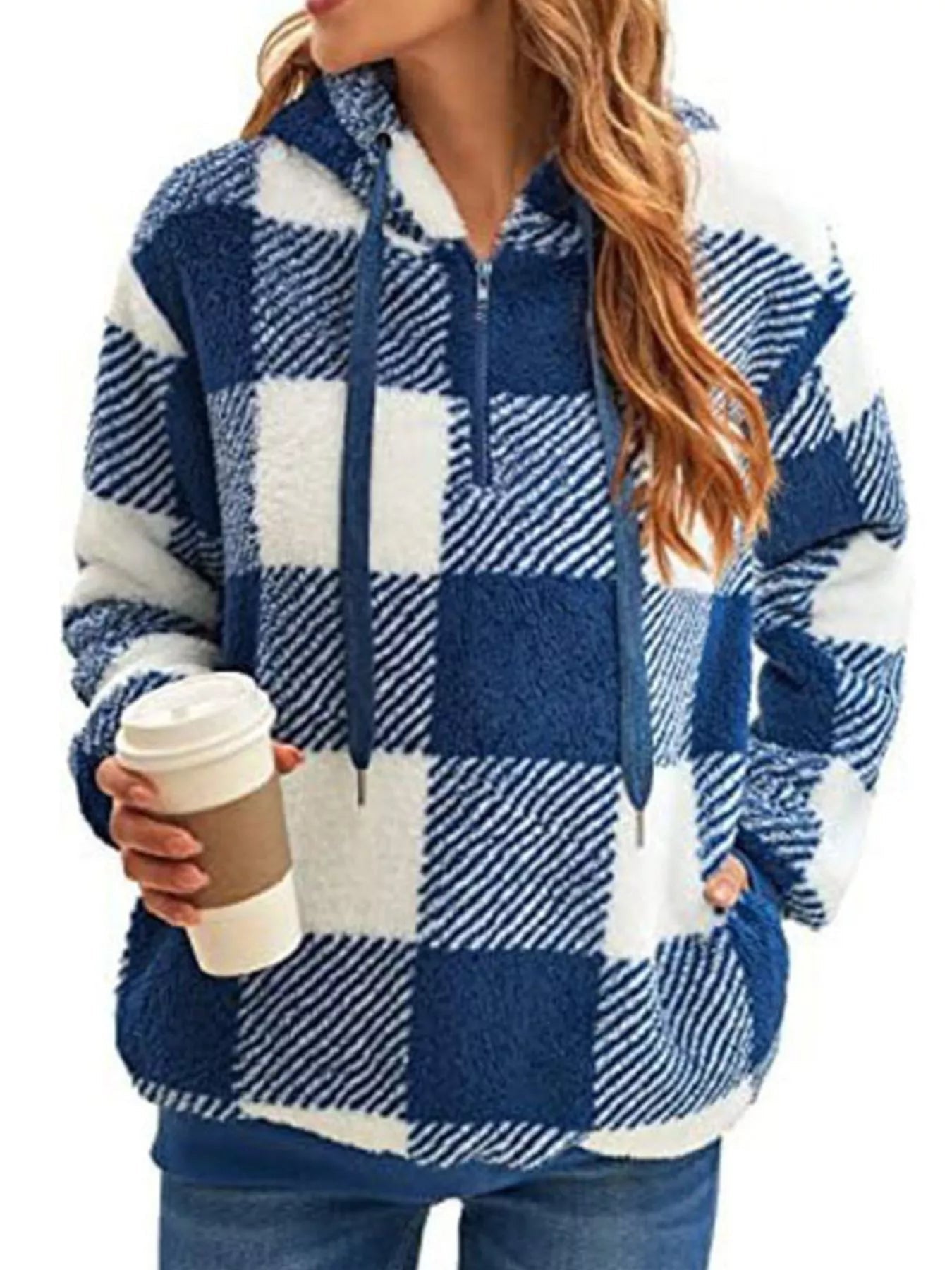 Full Size Plaid Sherpa Drawstring Hoodie Plus Size - Bela Fils BoutiqueBela Fils Boutique