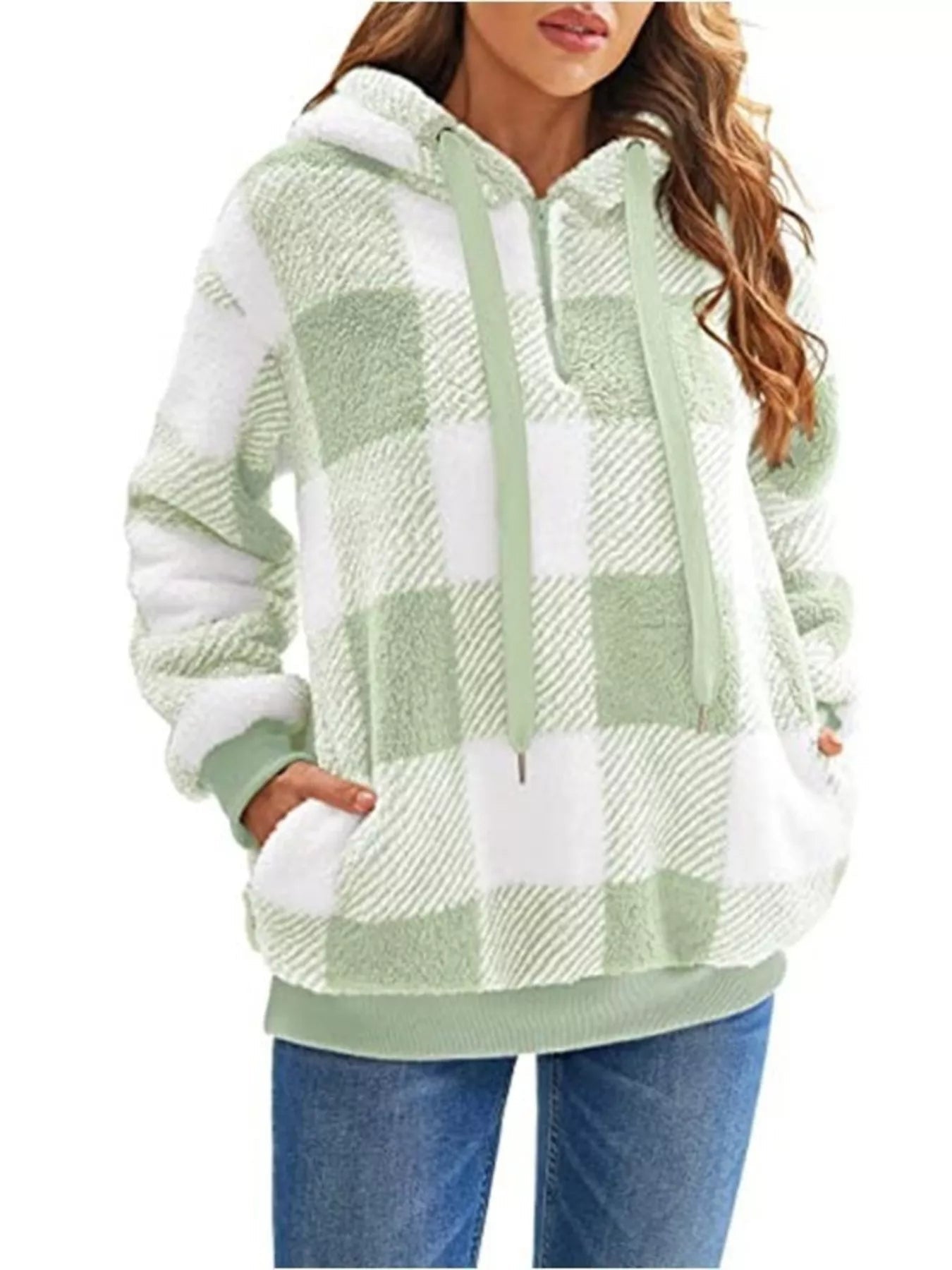 Full Size Plaid Sherpa Drawstring Hoodie Plus Size - Bela Fils BoutiqueBela Fils Boutique