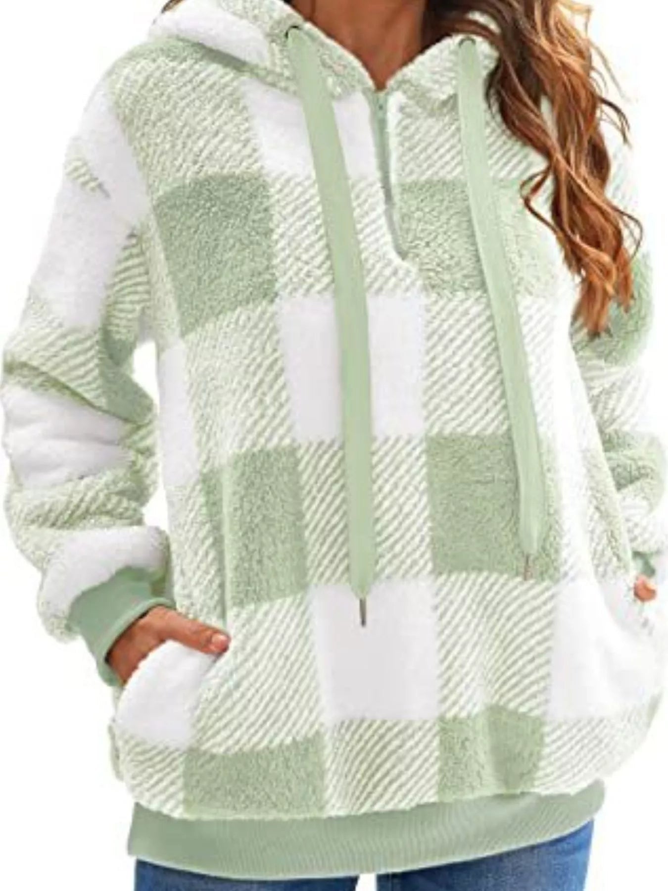 Full Size Plaid Sherpa Drawstring Hoodie Plus Size - Bela Fils BoutiqueBela Fils Boutique