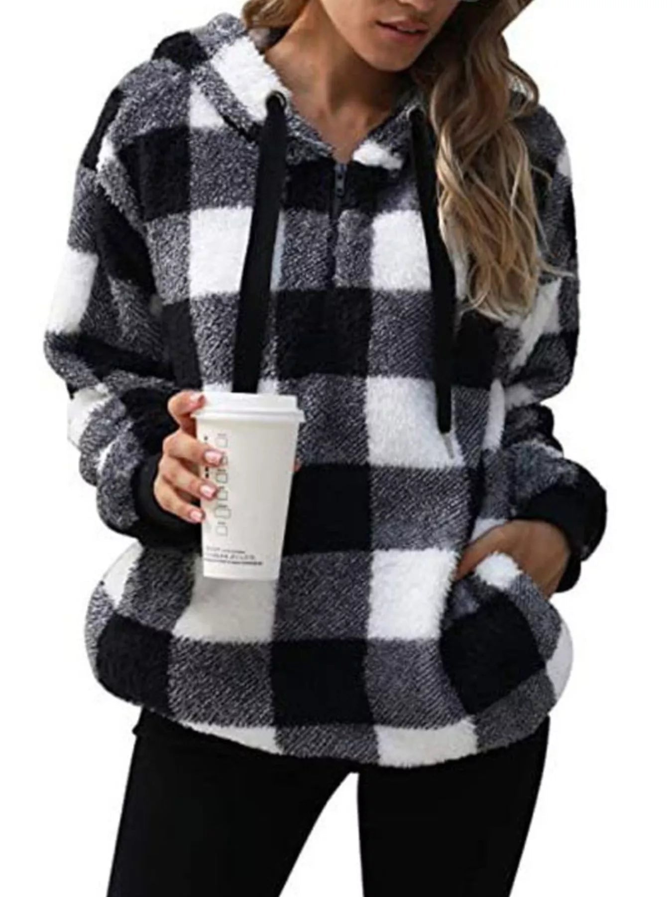 Full Size Plaid Sherpa Drawstring Hoodie Plus Size - Bela Fils BoutiqueBela Fils Boutique
