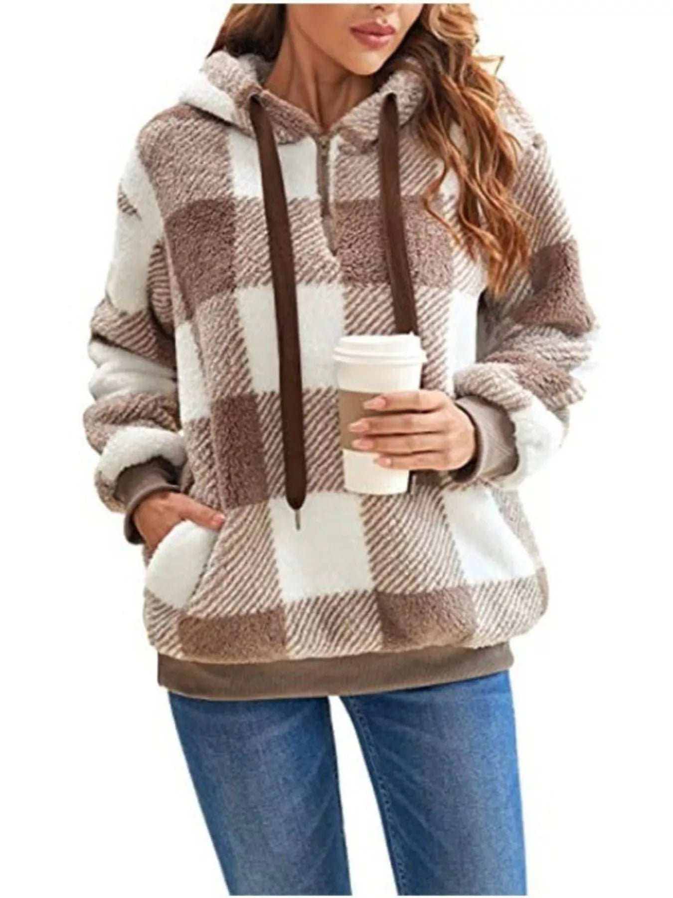 Full Size Plaid Sherpa Drawstring Hoodie Plus Size - Bela Fils BoutiqueBela Fils Boutique