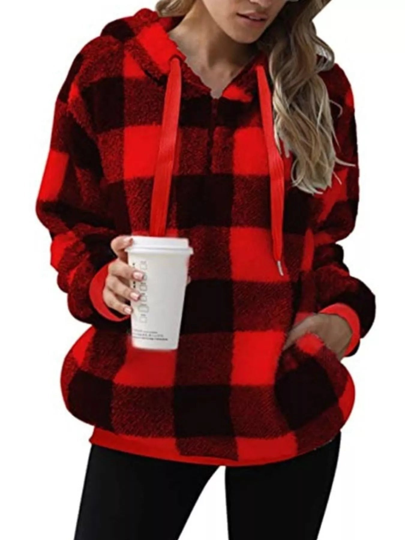 Full Size Plaid Sherpa Drawstring Hoodie Plus Size - Bela Fils BoutiqueBela Fils Boutique
